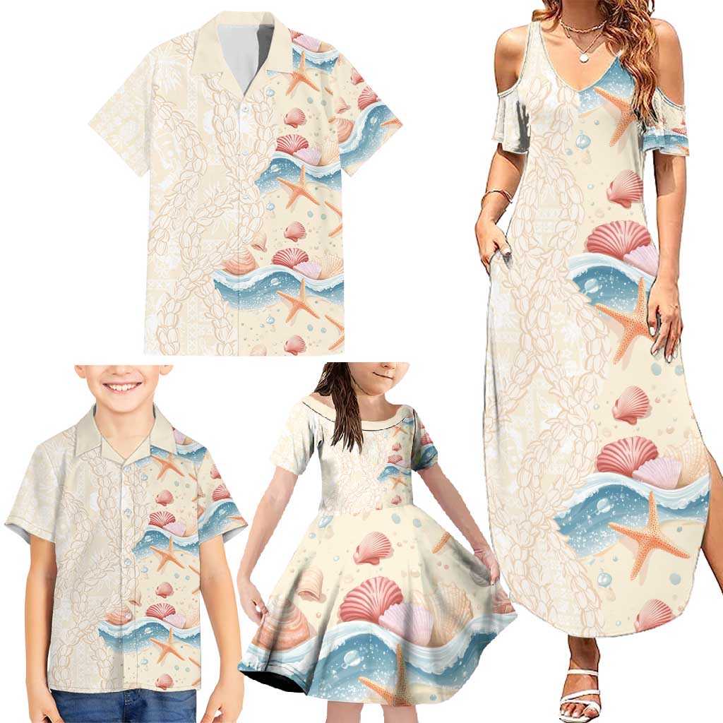Beige Hawaii Lei Seashells Starfish Family Matching Summer Maxi Dress and Hawaiian Shirt Sandy Sylized - Polynesian Pride