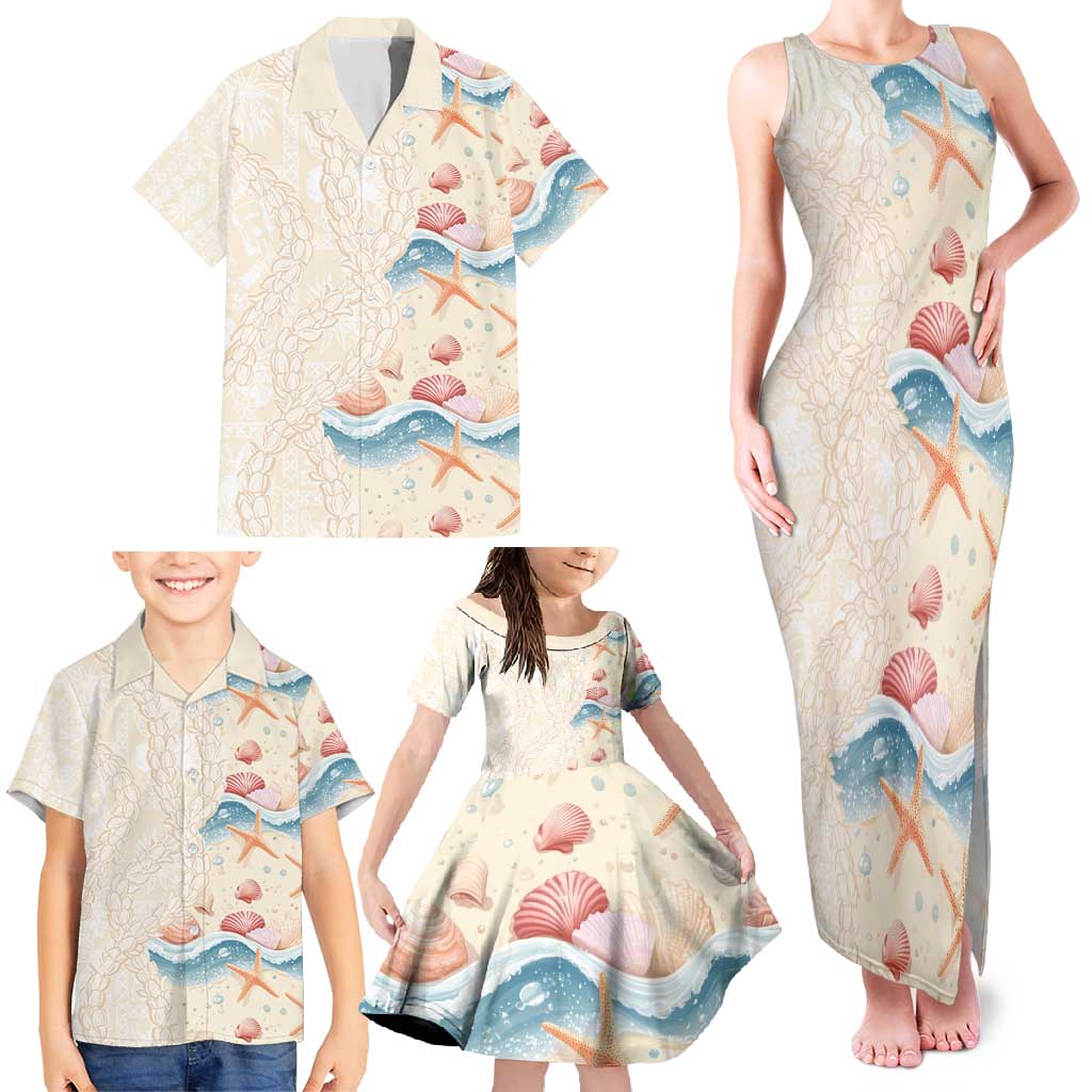 Beige Hawaii Lei Seashells Starfish Family Matching Tank Maxi Dress and Hawaiian Shirt Sandy Sylized - Polynesian Pride
