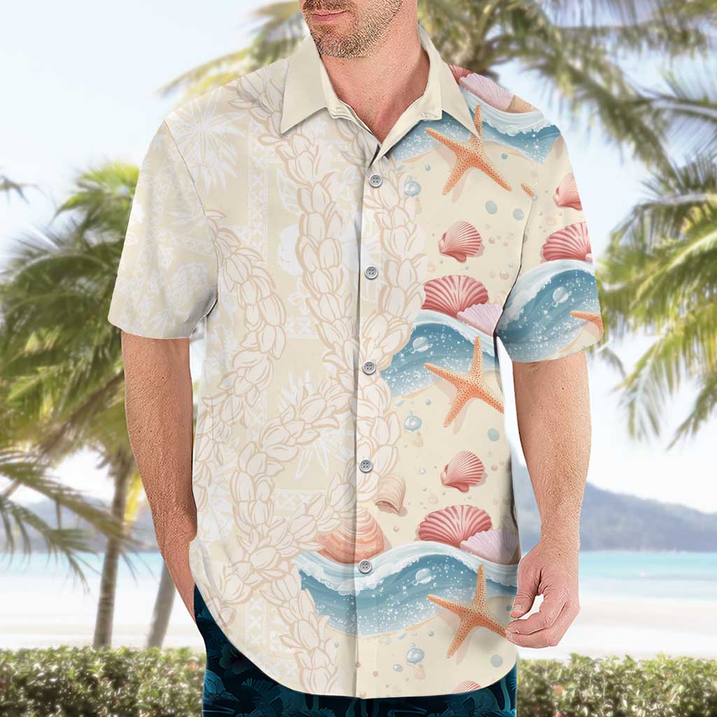 Beige Hawaii Lei Seashells Starfish Hawaiian Shirt Sandy Sylized - Polynesian Pride