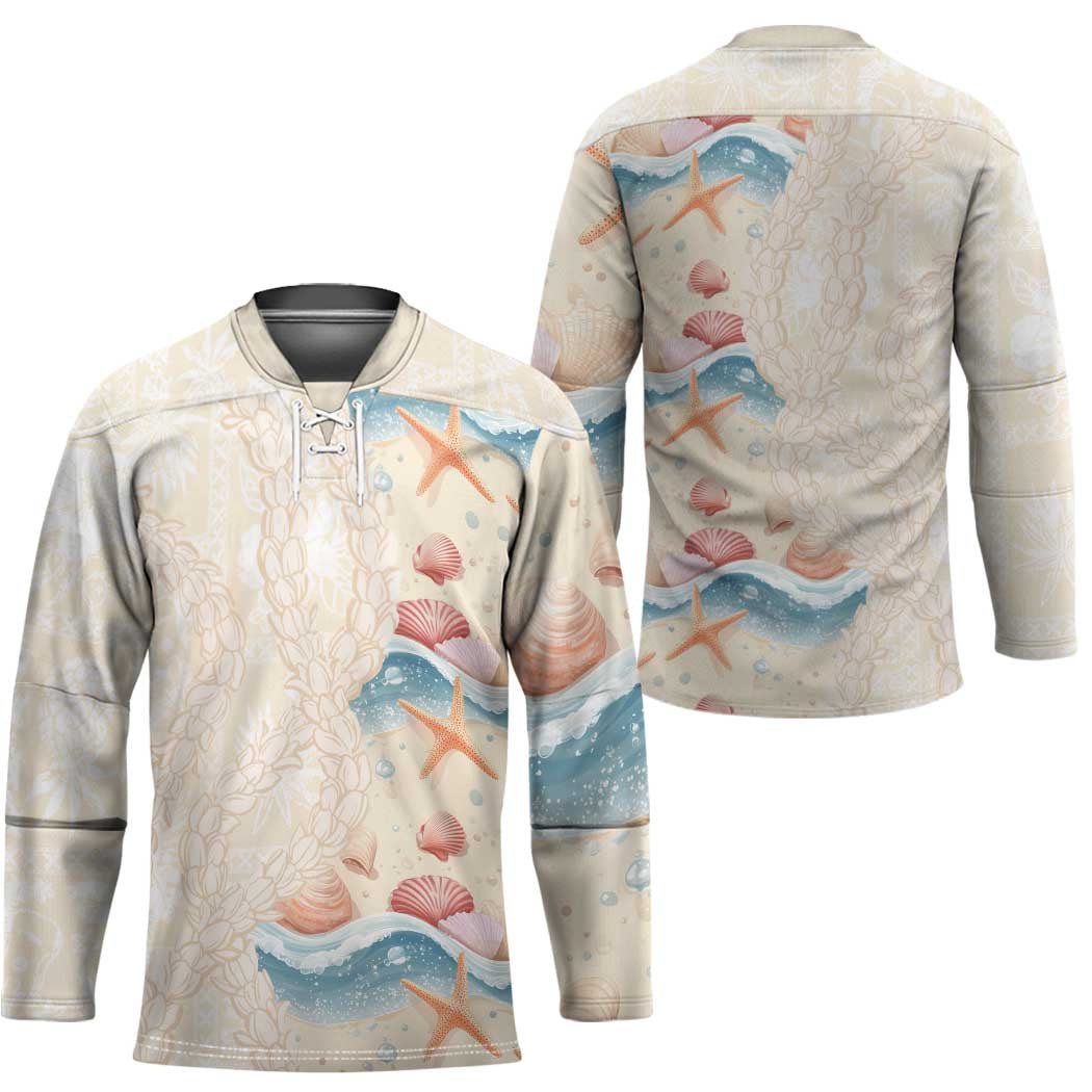 Beige Hawaii Lei Seashells Starfish Hockey Jersey Sandy Sylized - Polynesian Pride