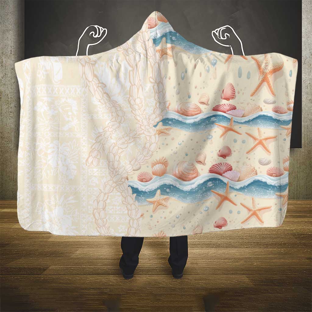 Beige Hawaii Lei Seashells Starfish Hooded Blanket Sandy Sylized - Polynesian Pride