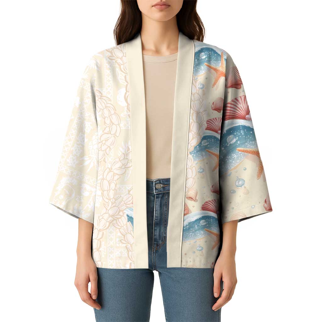 Beige Hawaii Lei Seashells Starfish Kimono Sandy Sylized - Polynesian Pride
