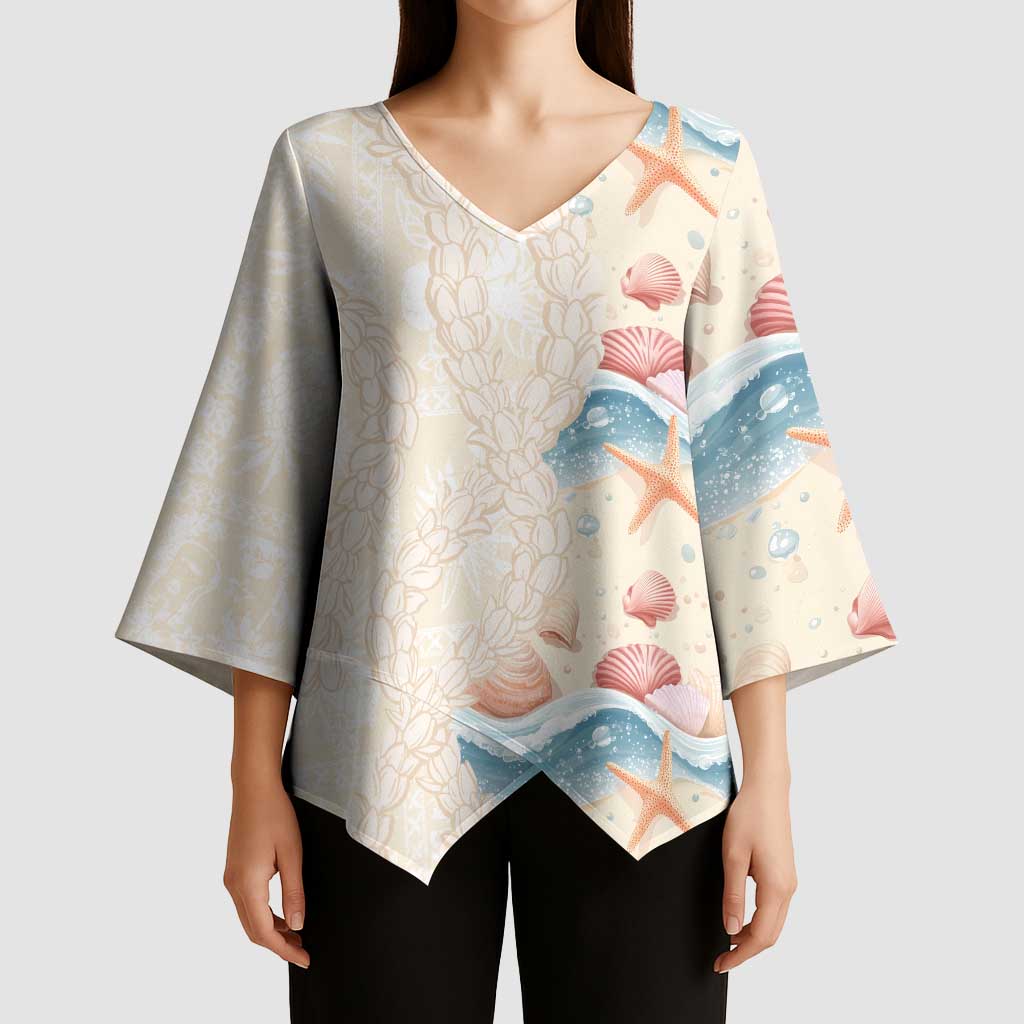 Beige Hawaii Lei Seashells Starfish Kimono Sleeve Blouse Sandy Sylized - Polynesian Pride