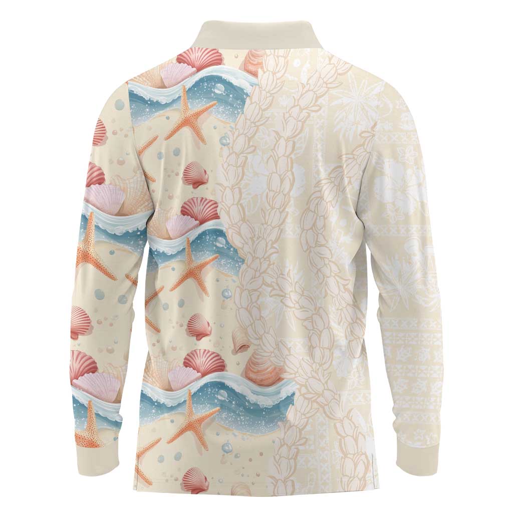Beige Hawaii Lei Seashells Starfish Long Sleeve Polo Shirt Sandy Sylized - Polynesian Pride