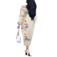 Beige Hawaii Lei Seashells Starfish Off The Shoulder Long Sleeve Dress Sandy Sylized - Polynesian Pride