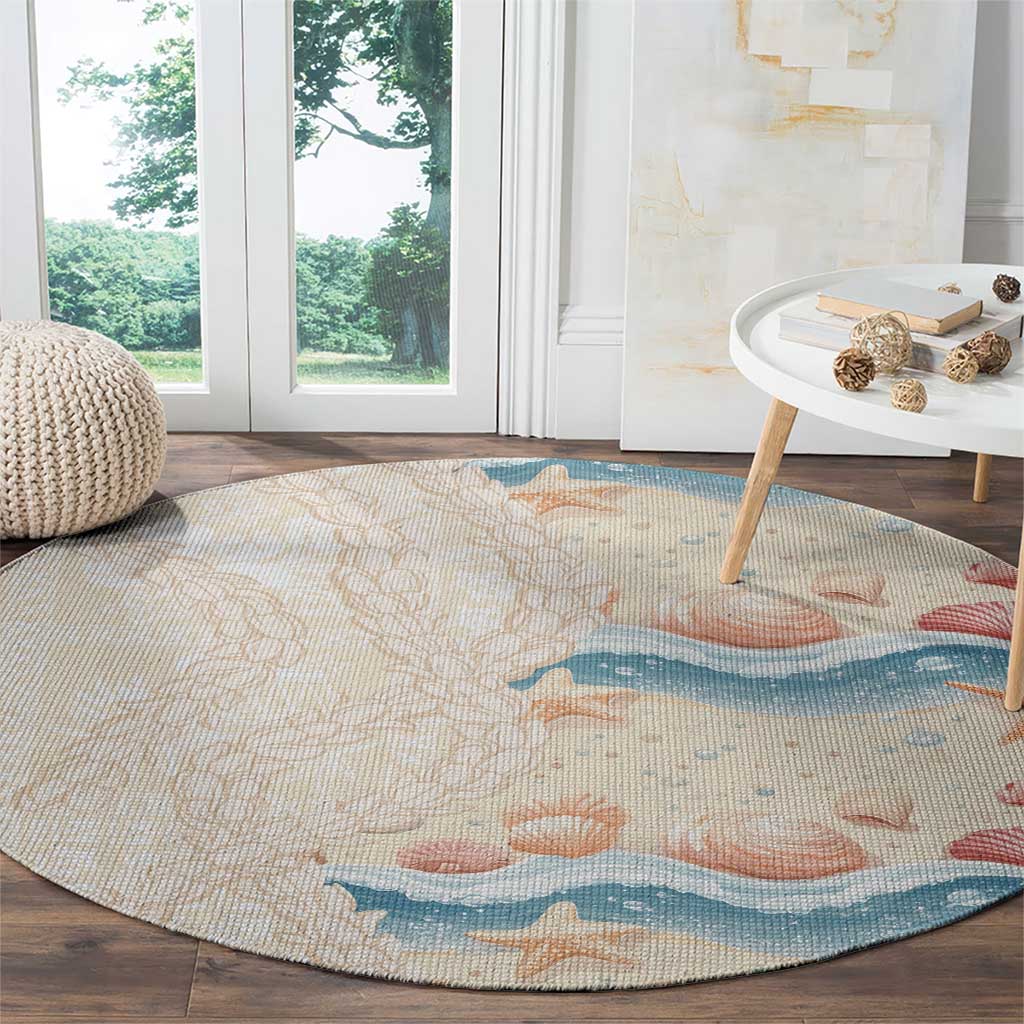 Beige Hawaii Lei Seashells Starfish Round Carpet Sandy Sylized - Polynesian Pride