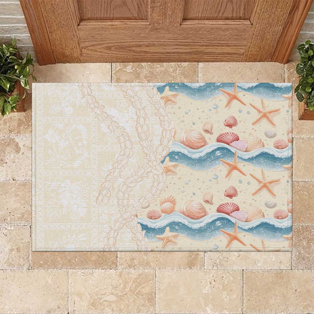 Beige Hawaii Lei Seashells Starfish Rubber Doormat Sandy Sylized - Polynesian Pride