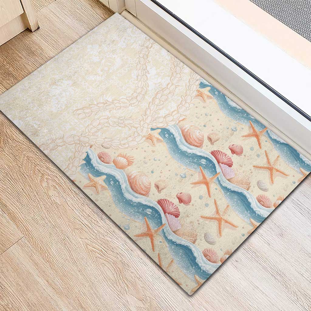 Beige Hawaii Lei Seashells Starfish Rubber Doormat Sandy Sylized - Polynesian Pride
