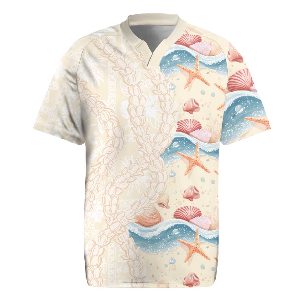 Beige Hawaii Lei Seashells Starfish Rugby Jersey Sandy Sylized - Polynesian Pride