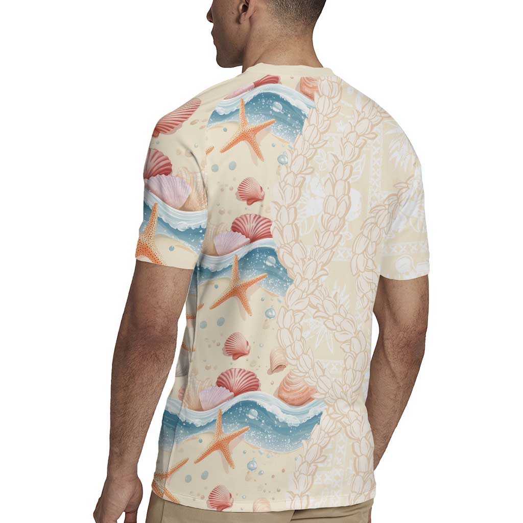 Beige Hawaii Lei Seashells Starfish Rugby Jersey Sandy Sylized - Polynesian Pride