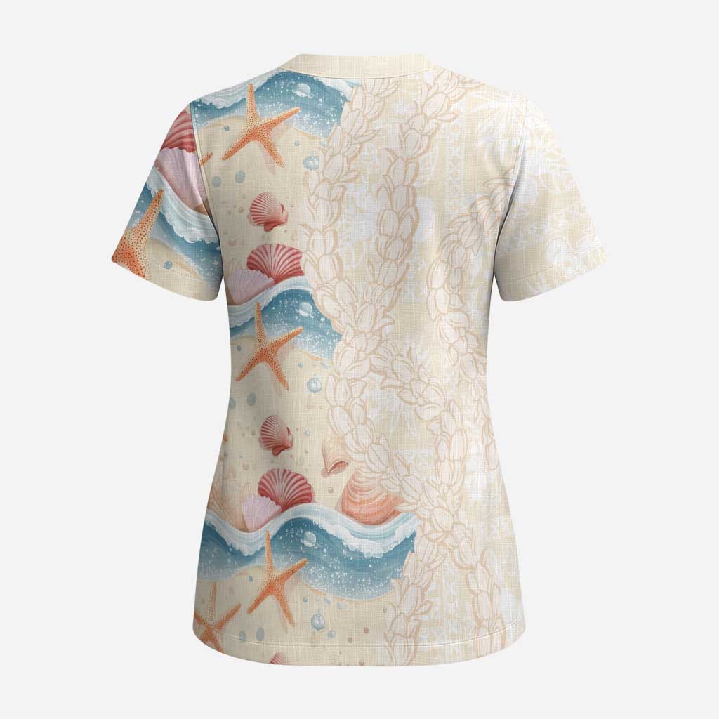 Beige Hawaii Lei Seashells Starfish Scrub Top Sandy Sylized - Polynesian Pride