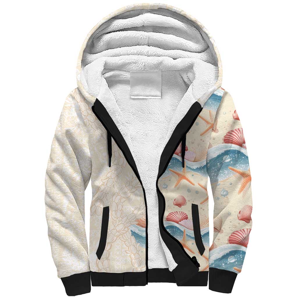 Beige Hawaii Lei Seashells Starfish Sherpa Hoodie Sandy Sylized - Polynesian Pride