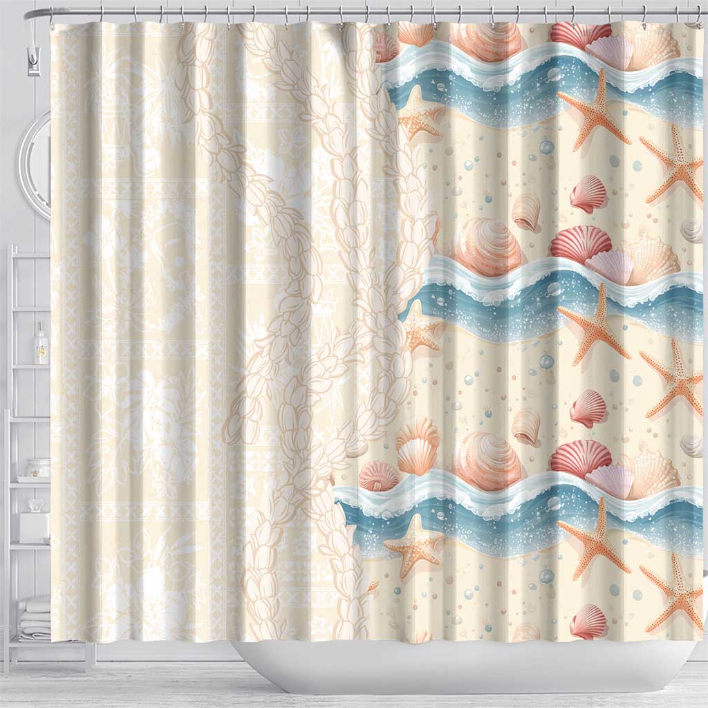 Beige Hawaii Lei Seashells Starfish Shower Curtain Sandy Sylized - Polynesian Pride
