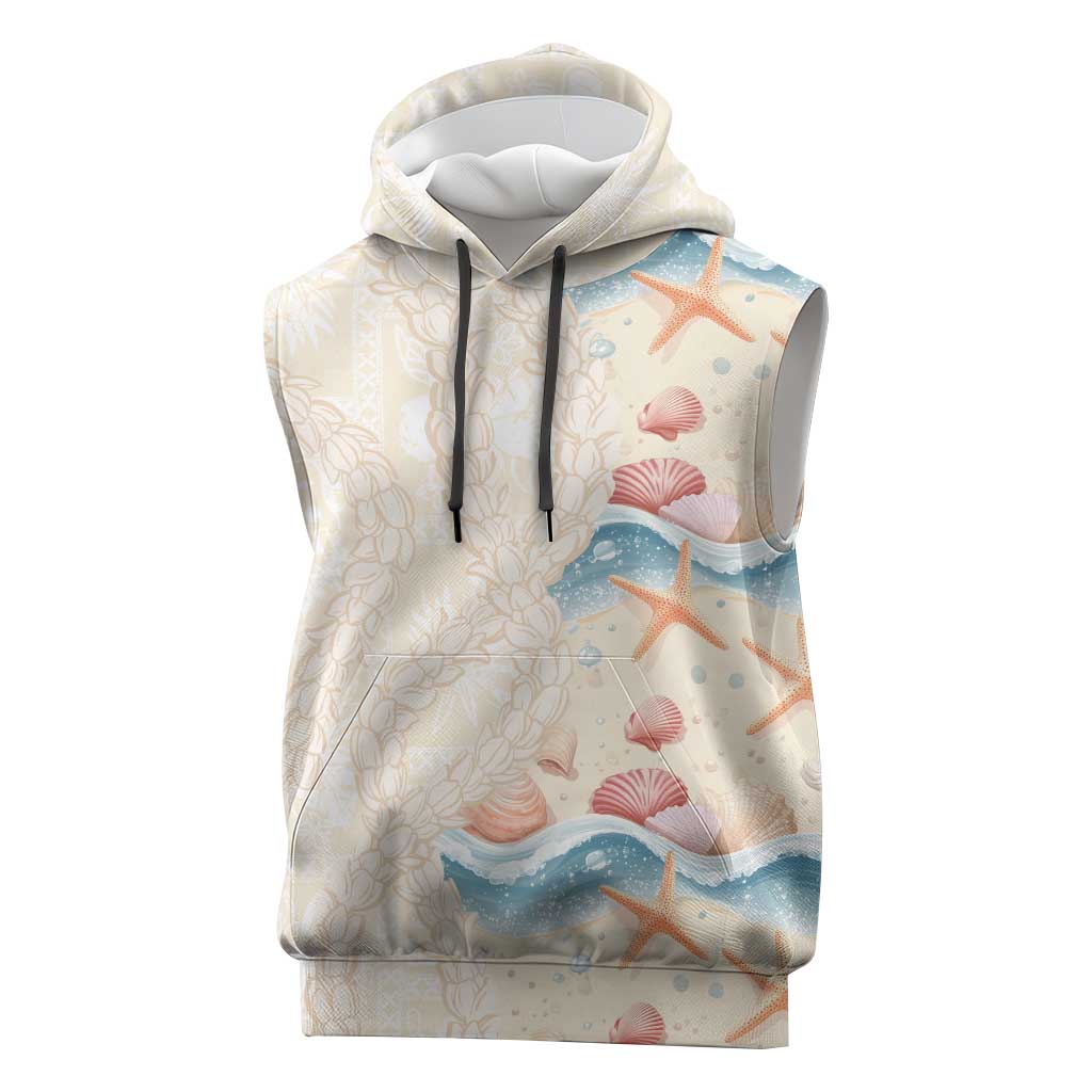 Beige Hawaii Lei Seashells Starfish Sleeveless Hoodie Sandy Sylized LT01 Beige - Polynesian Pride