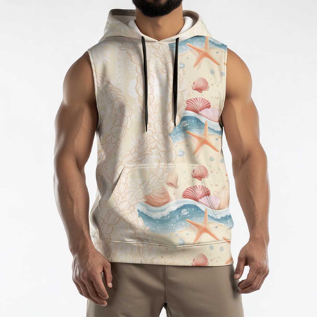 Beige Hawaii Lei Seashells Starfish Sleeveless Hoodie Sandy Sylized LT01 - Polynesian Pride