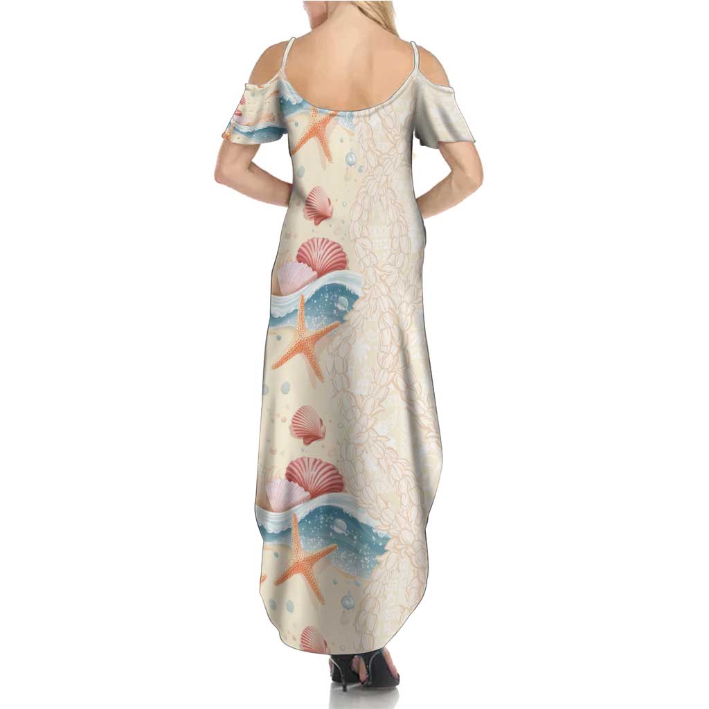 Beige Hawaii Lei Seashells Starfish Summer Maxi Dress Sandy Sylized - Polynesian Pride