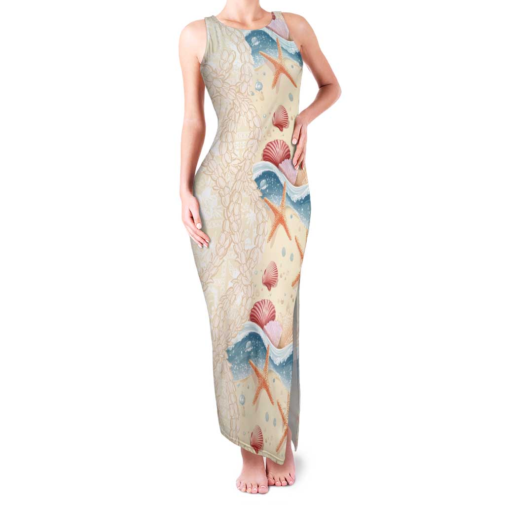 Beige Hawaii Lei Seashells Starfish Tank Maxi Dress Sandy Sylized - Polynesian Pride