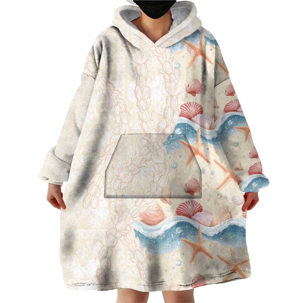 Beige Hawaii Lei Seashells Starfish Wearable Blanket Hoodie Sandy Sylized - Polynesian Pride