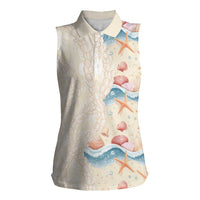 Beige Hawaii Lei Seashells Starfish Women Sleeveless Polo Shirt Sandy Sylized - Polynesian Pride