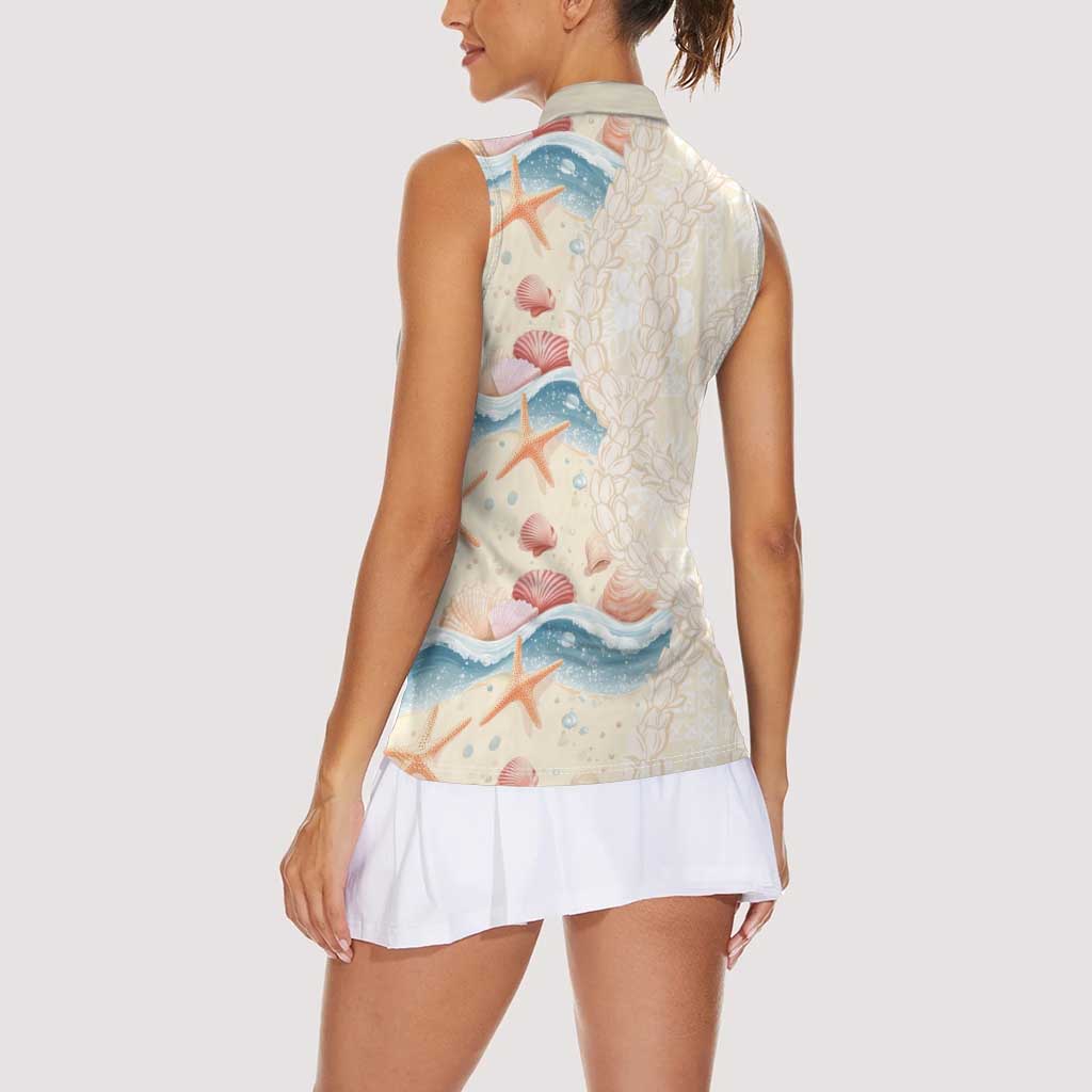 Beige Hawaii Lei Seashells Starfish Women Sleeveless Polo Shirt Sandy Sylized - Polynesian Pride