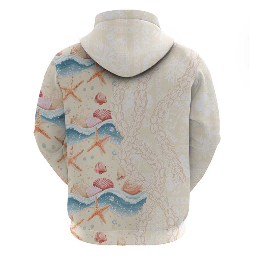 Beige Hawaii Lei Seashells Starfish Zip Hoodie Sandy Sylized - Polynesian Pride
