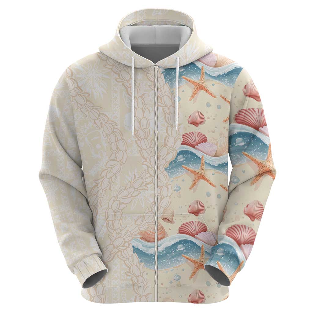 Beige Hawaii Lei Seashells Starfish Zip Hoodie Sandy Sylized - Polynesian Pride