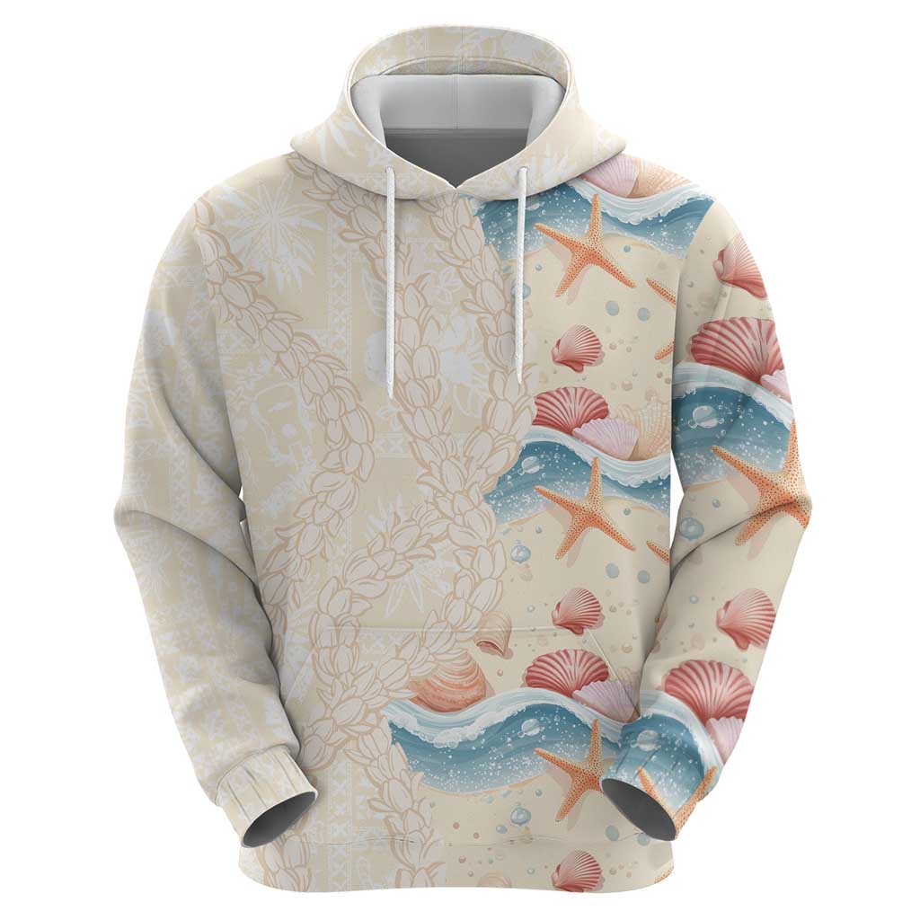 Beige Hawaii Lei Seashells Starfish Zip Hoodie Sandy Sylized - Polynesian Pride