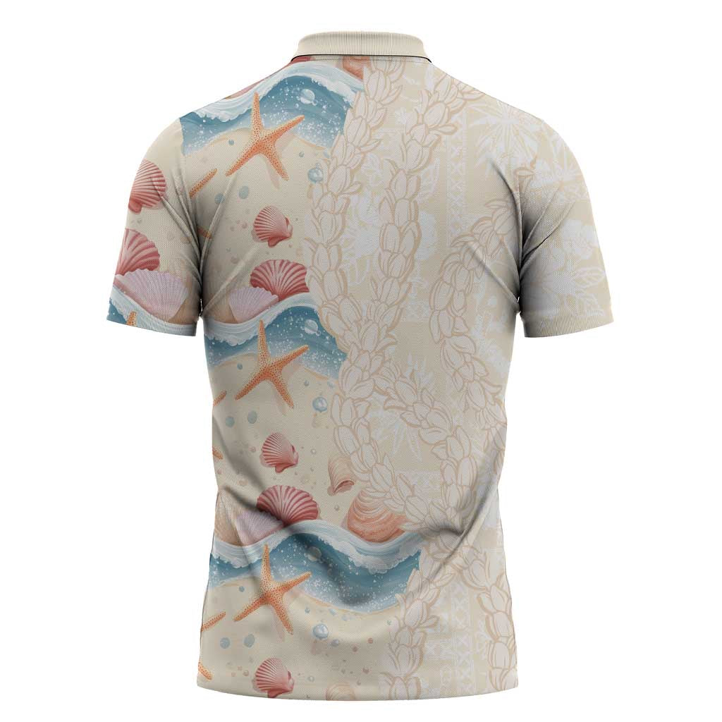Beige Hawaii Lei Seashells Starfish Zipper Polo Shirt Sandy Sylized - Polynesian Pride