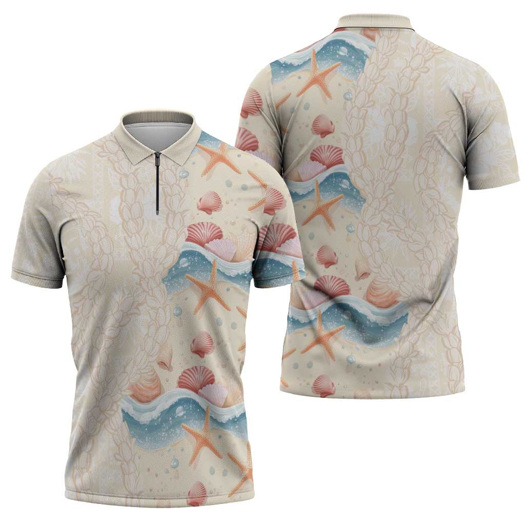 Beige Hawaii Lei Seashells Starfish Zipper Polo Shirt Sandy Sylized - Polynesian Pride