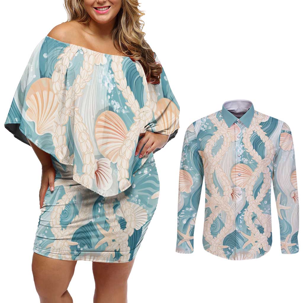 Hawaii Lei Seashells Starfish Couples Matching Off Shoulder Short Dress and Long Sleeve Button Shirt Fresh Summer Vibe - Polynesian Pride