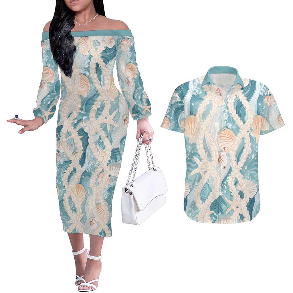 Hawaii Lei Seashells Starfish Couples Matching Off The Shoulder Long Sleeve Dress and Hawaiian Shirt Fresh Summer Vibe - Polynesian Pride