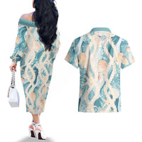 Hawaii Lei Seashells Starfish Couples Matching Off The Shoulder Long Sleeve Dress and Hawaiian Shirt Fresh Summer Vibe - Polynesian Pride
