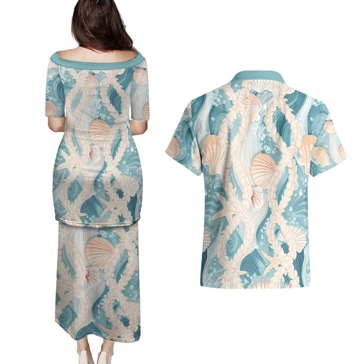 Hawaii Lei Seashells Starfish Couples Matching Puletasi and Hawaiian Shirt Fresh Summer Vibe - Polynesian Pride