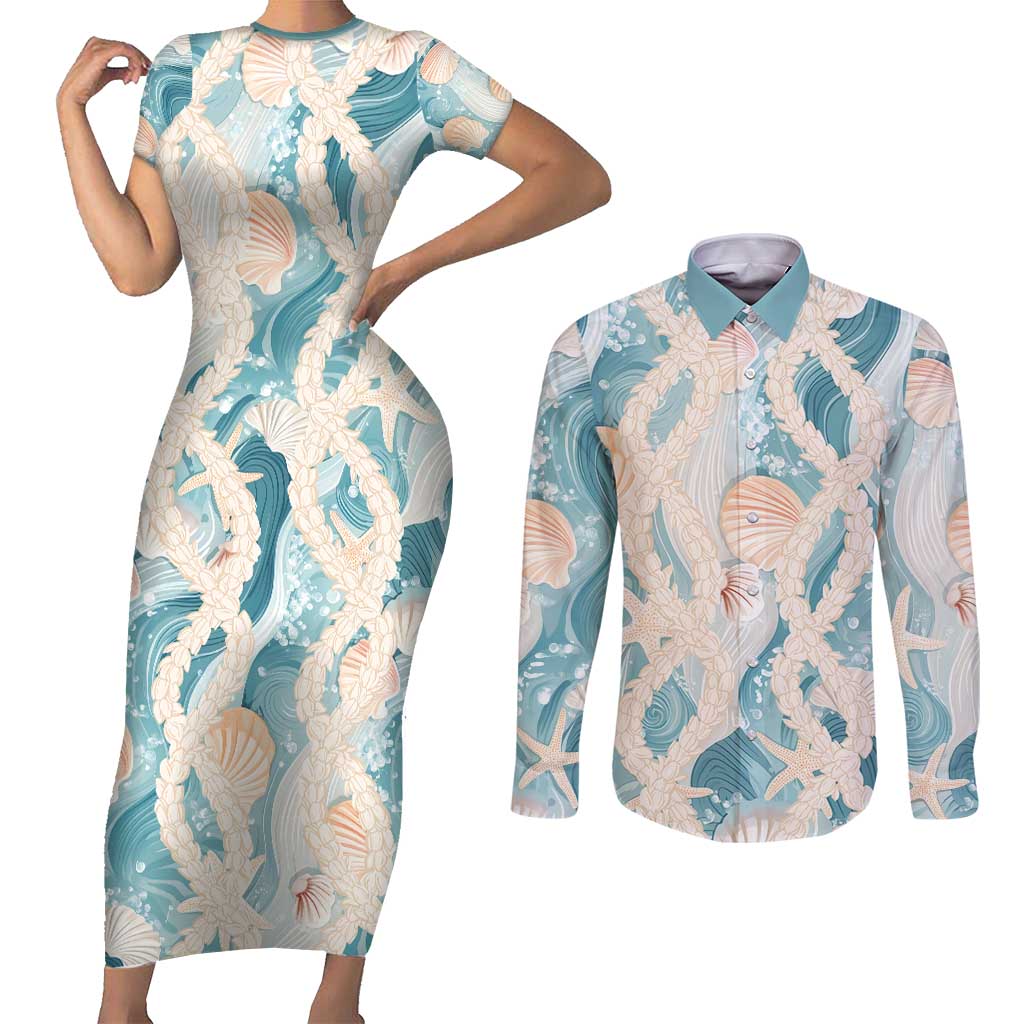 Hawaii Lei Seashells Starfish Couples Matching Short Sleeve Bodycon Dress and Long Sleeve Button Shirt Fresh Summer Vibe - Polynesian Pride