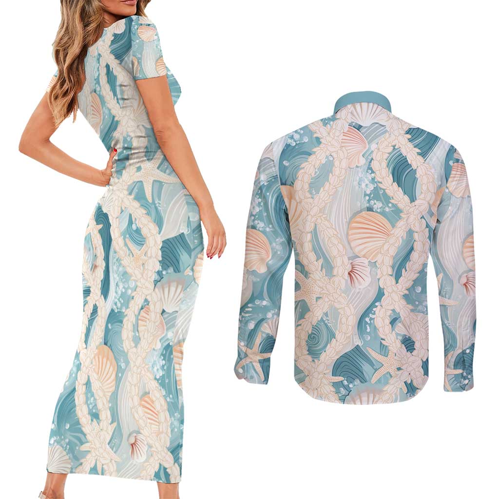 Hawaii Lei Seashells Starfish Couples Matching Short Sleeve Bodycon Dress and Long Sleeve Button Shirt Fresh Summer Vibe - Polynesian Pride