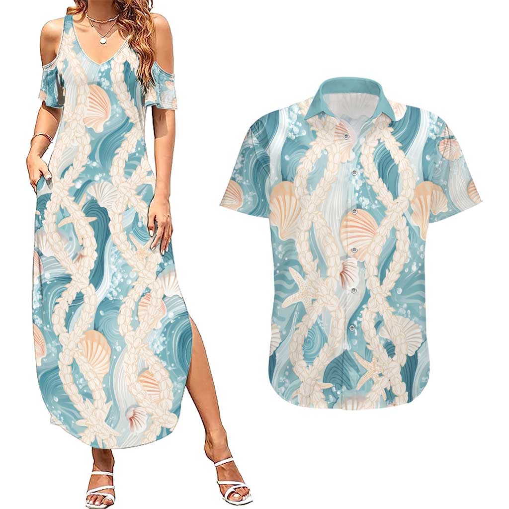 Hawaii Lei Seashells Starfish Couples Matching Summer Maxi Dress and Hawaiian Shirt Fresh Summer Vibe - Polynesian Pride