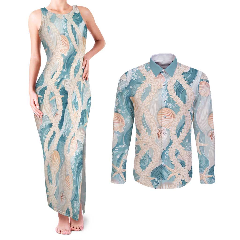 Hawaii Lei Seashells Starfish Couples Matching Tank Maxi Dress and Long Sleeve Button Shirt Fresh Summer Vibe - Polynesian Pride