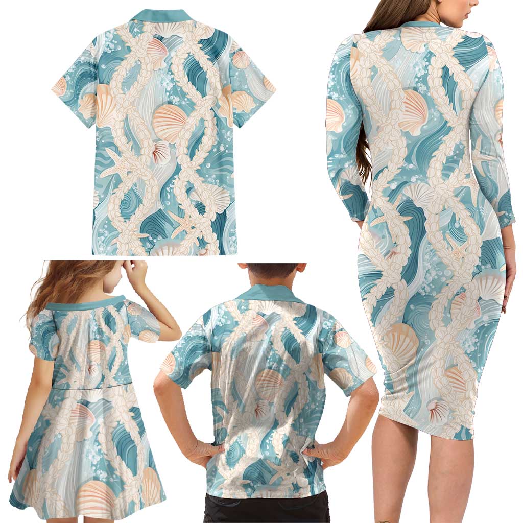Hawaii Lei Seashells Starfish Family Matching Long Sleeve Bodycon Dress and Hawaiian Shirt Fresh Summer Vibe - Polynesian Pride