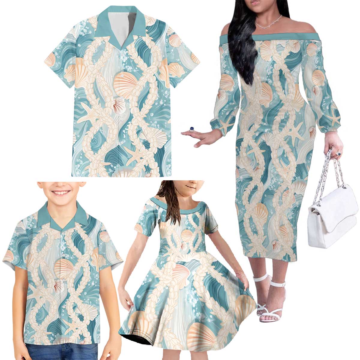 Hawaii Lei Seashells Starfish Family Matching Off The Shoulder Long Sleeve Dress and Hawaiian Shirt Fresh Summer Vibe - Polynesian Pride