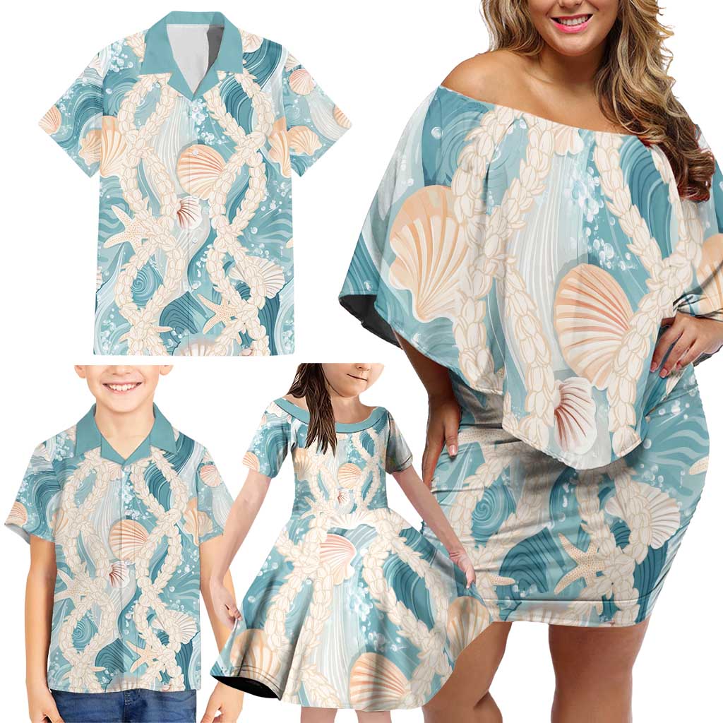 Hawaii Lei Seashells Starfish Family Matching Off Shoulder Short Dress and Hawaiian Shirt Fresh Summer Vibe - Polynesian Pride