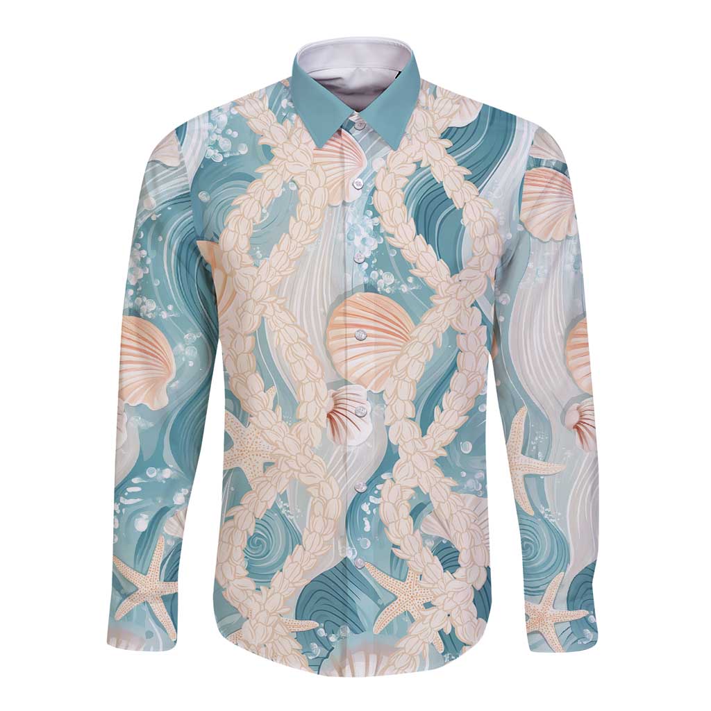 Hawaii Lei Seashells Starfish Long Sleeve Button Shirt Fresh Summer Vibe - Polynesian Pride