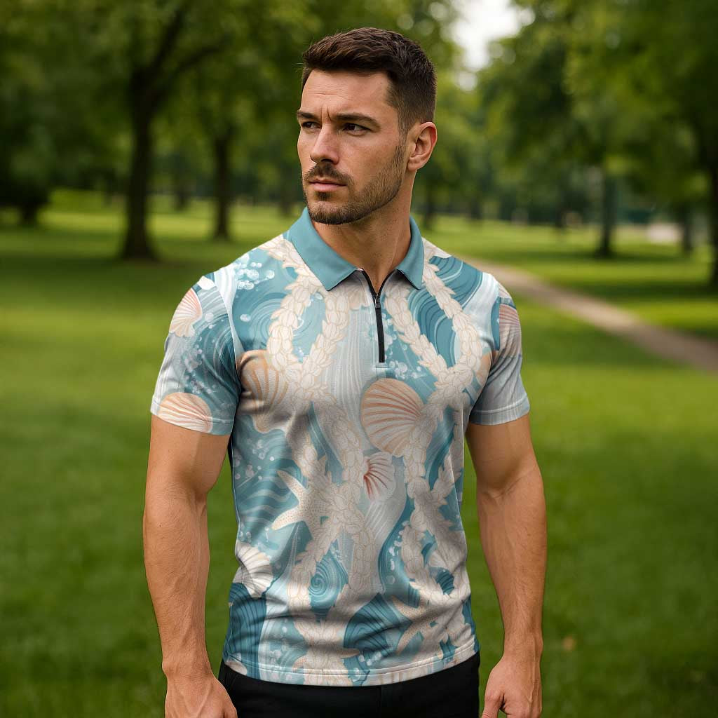 Hawaii Lei Seashells Starfish Zipper Polo Shirt Fresh Summer Vibe - Polynesian Pride