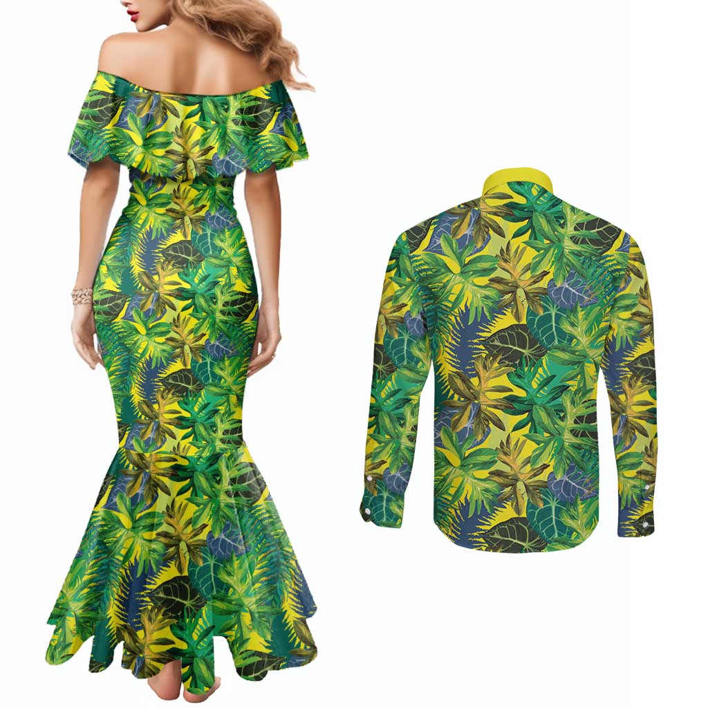 Hawaii Summer Tropical Leaves Couples Matching Mermaid Dress and Long Sleeve Button Shirt - Polynesian Pride