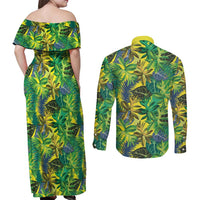 Hawaii Summer Tropical Leaves Couples Matching Off Shoulder Maxi Dress and Long Sleeve Button Shirt - Polynesian Pride