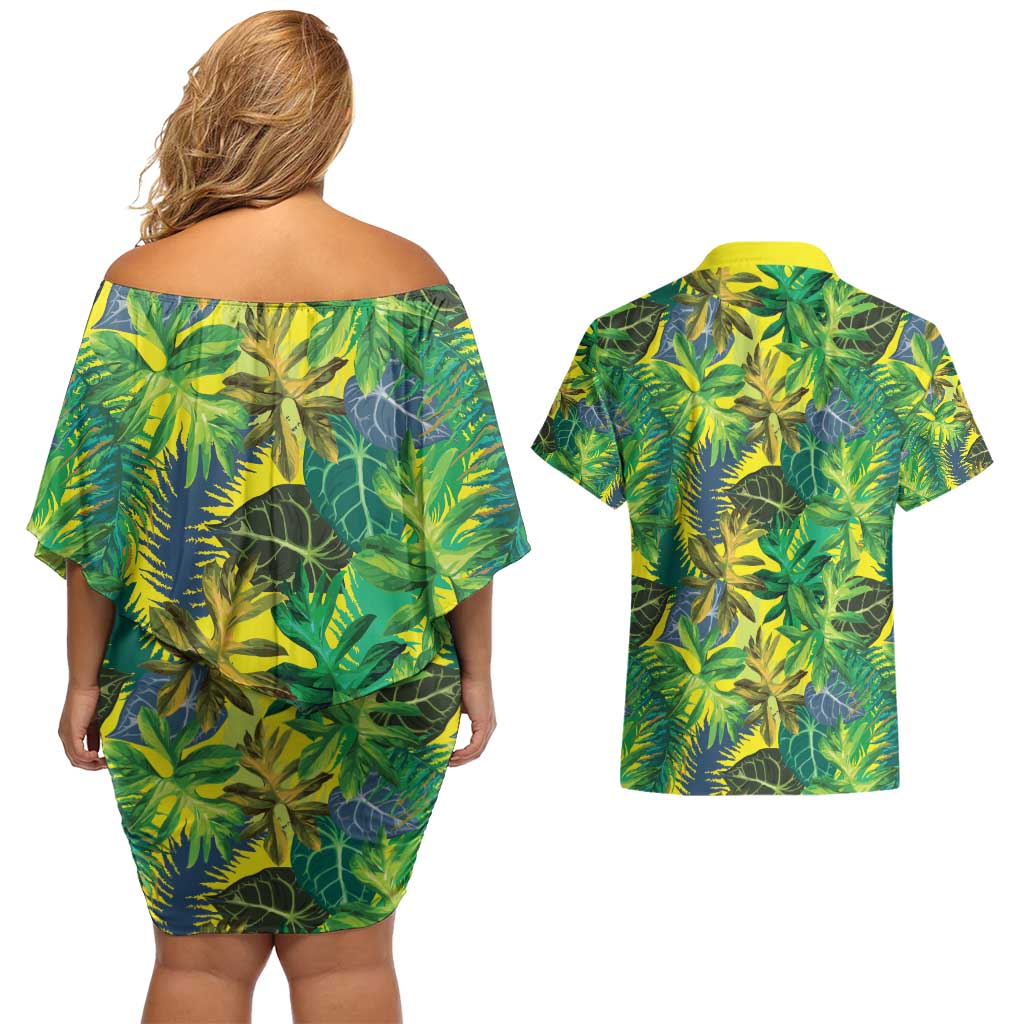 Hawaii Summer Tropical Leaves Couples Matching Off Shoulder Short Dress and Hawaiian Shirt - Polynesian Pride