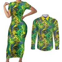 Hawaii Summer Tropical Leaves Couples Matching Short Sleeve Bodycon Dress and Long Sleeve Button Shirt - Polynesian Pride