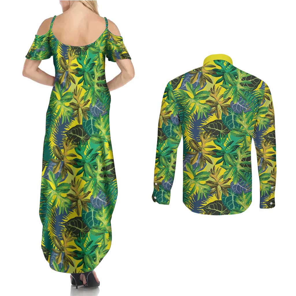 Hawaii Summer Tropical Leaves Couples Matching Summer Maxi Dress and Long Sleeve Button Shirt - Polynesian Pride