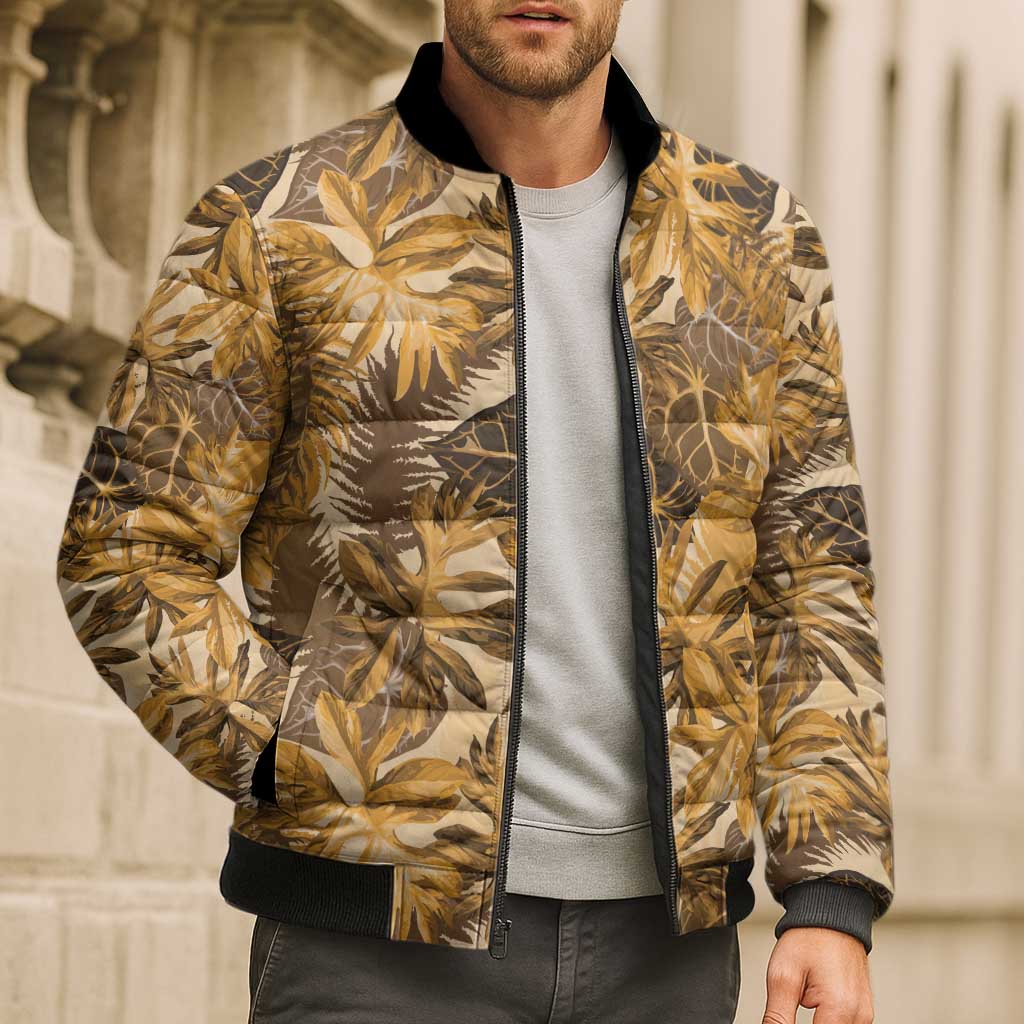 Hawaii Gold Tropical Leaves Bomber Puffer Jacket - Polynesian Pride