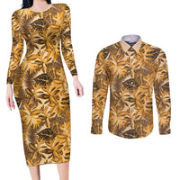 Hawaii Gold Tropical Leaves Couples Matching Long Sleeve Bodycon Dress and Long Sleeve Button Shirt - Polynesian Pride