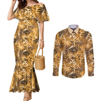 Hawaii Gold Tropical Leaves Couples Matching Mermaid Dress and Long Sleeve Button Shirt - Polynesian Pride